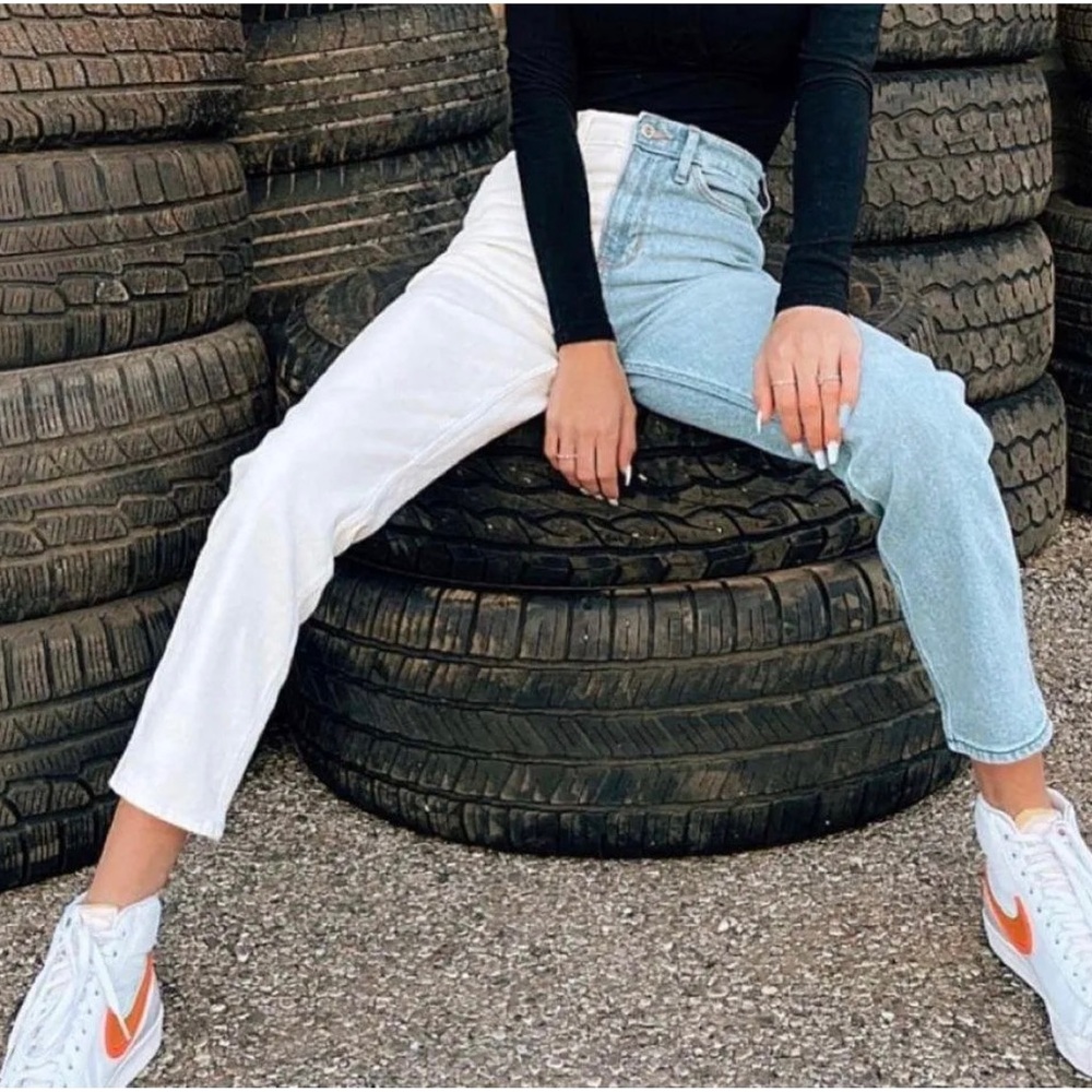 Two-Tone Ultra High Rise Mom Jeans